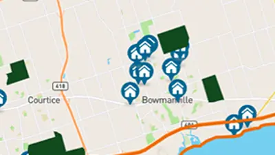 Zoomed in map of Clarington with pins of showing proposed development locations and secondary plan areas.