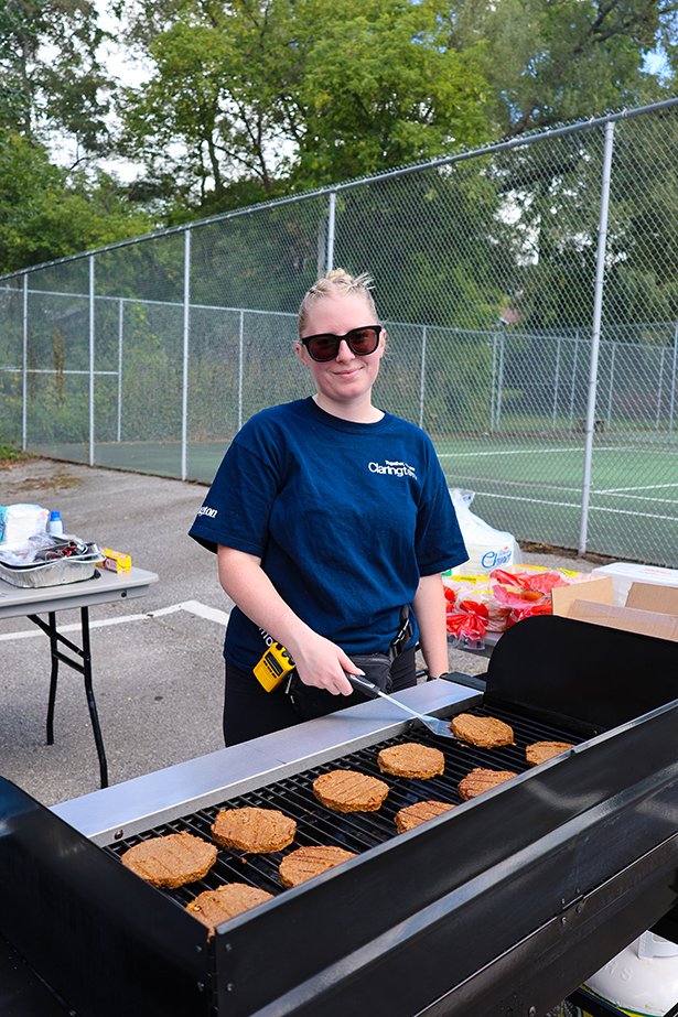 Clarington staff cook veggie burgers at the Mayor and Council BBQ.
