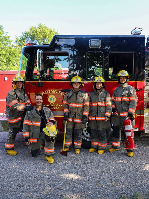 Clarington’s firefighters care deeply about keeping our community safe. Group of Clarington Firefighters posing in front of a fire truck.
