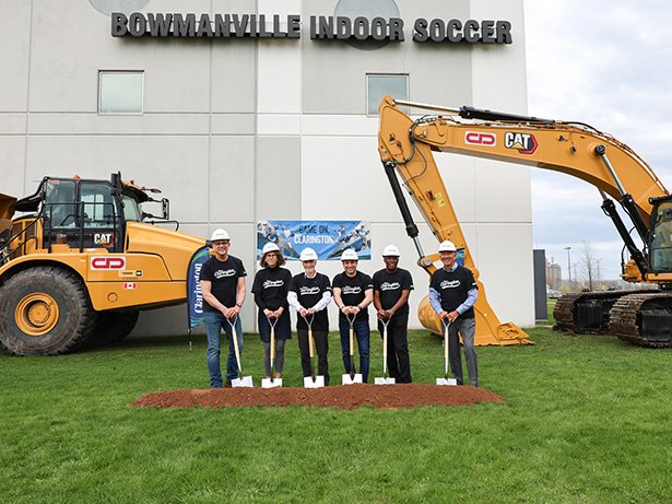 Mayor Adrian Foster and Members of Council break ground in front of Bowmanville Indoor Soccer