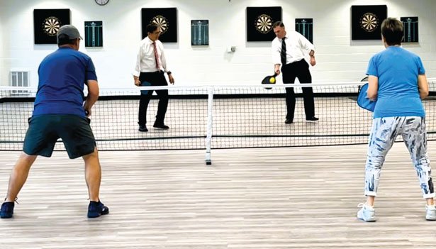 Member of Provincial Parliament for Durham Todd McCarthy (right) and Minister of Seniors and Accessibility Raymond Cho participated in a friendly game of pickleball with Clarington’s 55+ Active Adults participants.