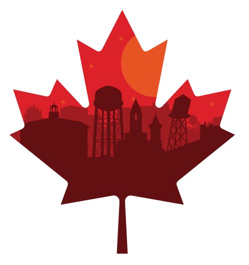 A maple leaf with silhouettes of Clarington landmarks inside