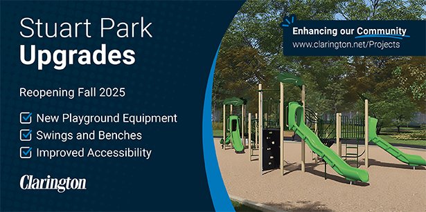 Stuart Park Upgrades. Reopening Fall 2025. New playground equipment, swings and benches, improved accessibility. Enhancing our community. www.clarington.net/projects
