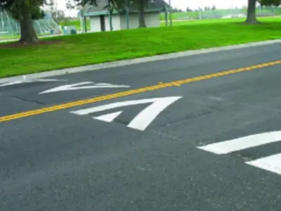 Speed cushion on a roadway.