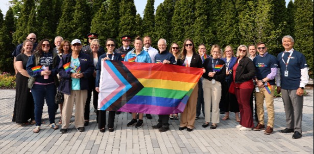 Today, Clarington Council and staff, along with community members, Durham Regional Police Service, Pride Durham, The Rotary Club of Bowmanville and Autism Home Base raised the Progressive Pride flag to mark the start of Pride month.