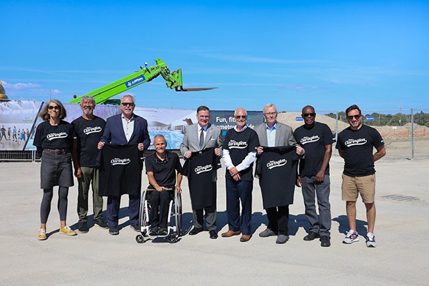 Mayor Adrian Foster is joined by Councillor Ward 4 Margaret Zwart, Councillor Ward 1 Sami Elhajjeh, Regional Councillor Wards 1 and 2 Granville Anderson, Regional Councillor Wards 3 and 4 Willie Woo along with Neil Lumsden, Minister of Sport; Todd McCarthy, MPP for Durham; John Henry, Regional Chair; and Michael Frogley, former Paralympic athlete, coach, and mentor.