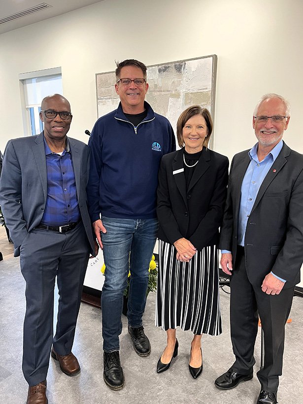 Left to right: Regional Councillor Wards 1 and 2 Granville Anderson, Councillor Ward 2 Lloyd Rang, Marigold Hospice Care Board Chair Melodie Zarzeczny, and Mayor Adrian Foster at the official opening of Marigold Hospice Care.