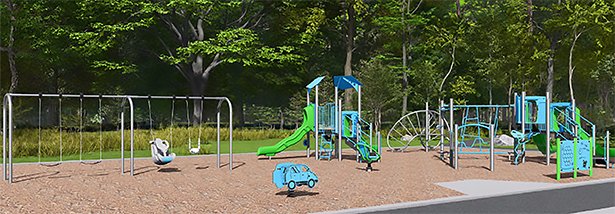 Rendering of Lord Elgin Park upgrades, including a new play structure with slides and climbers, and swings