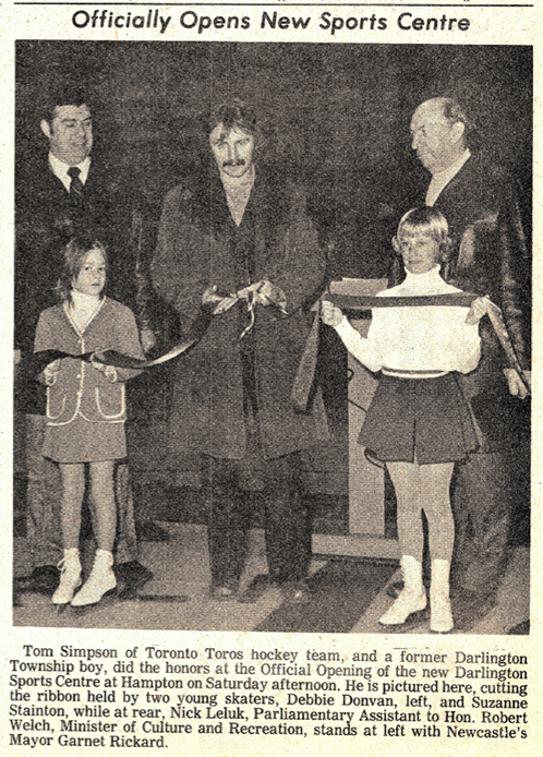 Historic records of the ribbon-cutting ceremony officially opening Darlington Sports Centre on February 8, 1975, courtesy of the Clarington Library, Museums and Archives.
