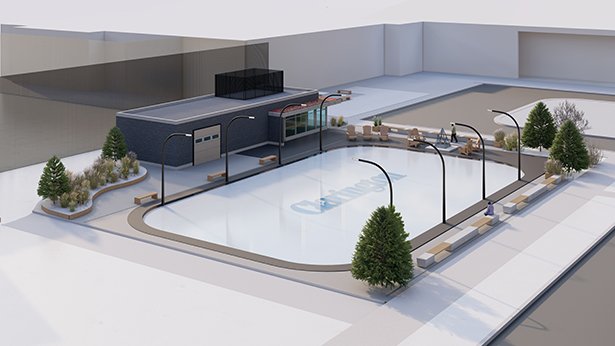 Rendering of the outdoor skating rink located in front of Diane Hamre Recreation Complex