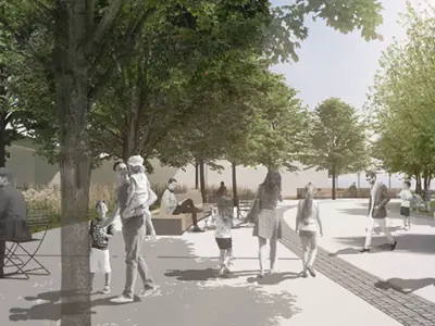 Rending of the outdoor public gathering space in summer