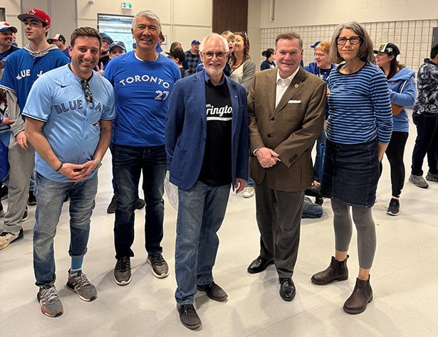 Councillor Sami Elhajjeh, Regional Councillor Willie Woo, Mayor Adrian Foster, MPP Todd McCarthy, and Councillor Margaret Zwart attend Clarington’s Watch Party for the Field of Dreams grant announcement.