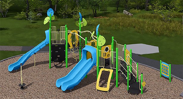 A colourful playground set in an outdoor park with green grass and trees in the background. The playground features two blue slides, climbing structures, a tic-tac-toe game board, and various other play elements. The ground is covered with wood chips for safety.