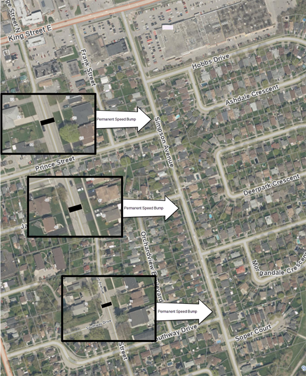 Map showing the location of Simpson Avenue speed bumps