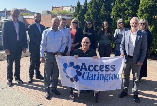 Clarington Mayor Adrian Foster, municipal staff, and members of the Clarington Accessibility Advisory Committee raised the Access Clarington flag in honour of National AccessAbility Week from May 28 to June 3, 2023. 