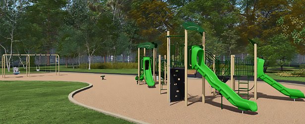 Rendering of the new play structure at Stuart Park, including swimgs, a junior play structure with climbing elements and a slide and a senior play structure with climbing elements and two slides.