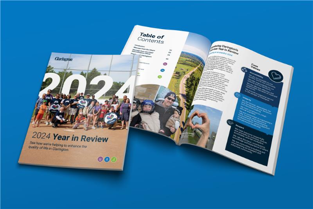 Year in Review booklet isolated on a blue background