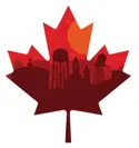 A maple leaf with silhouettes of Clarington landmarks inside