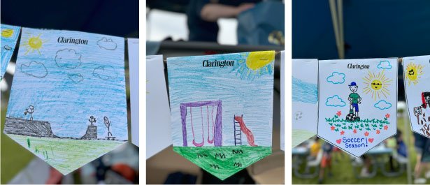Wish flags drawn by Clarington residents. From left to right: A skateboard park, swings and a slide, soccer player with ball